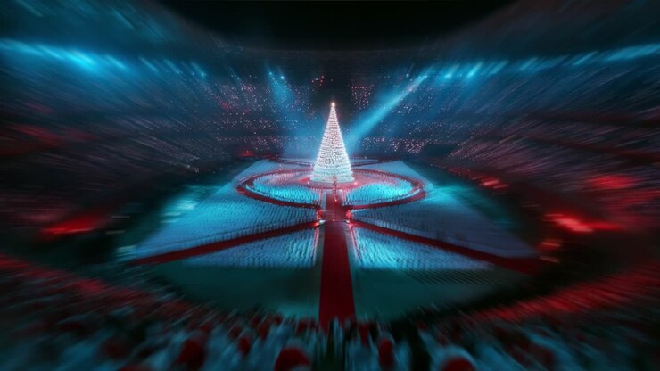 Una rappresentazione mozzafiato di luci e colori avvolge il maestoso albero di Natale durante una vivace celebrazione, trasformando l'arena in un paese delle meraviglie festoso, pieno di gioia ed entusiasmo.