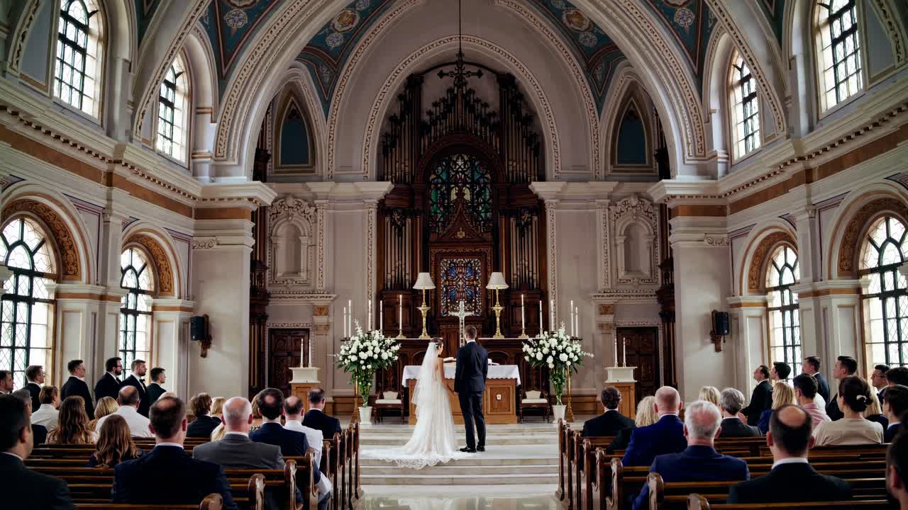 Inquadratura grandangolare di una cerimonia nuziale in una grande cattedrale, che cattura l'architettura riccamente decorata.