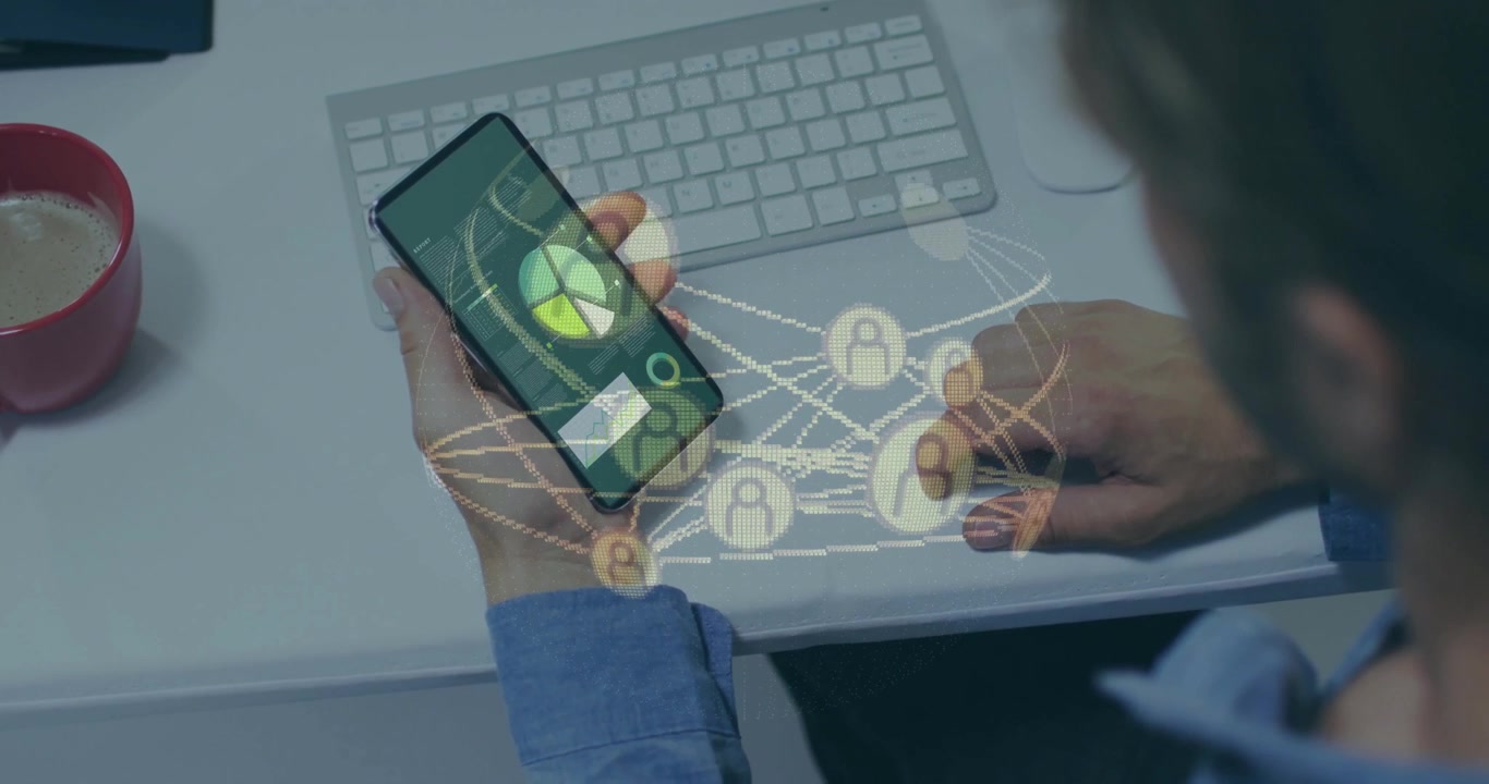 Network overlay fading over smartphone keyboard, office worker tapping screen for showing data flow