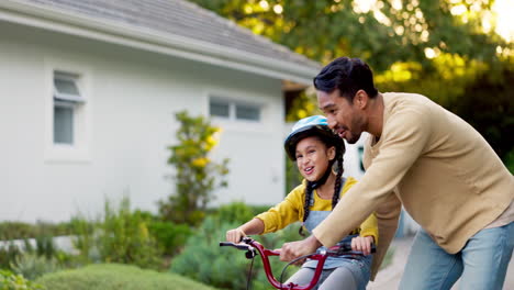 dad, kid and teaching on bicycle outdoor