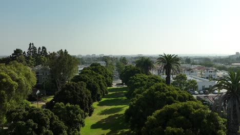 El-Prado-Park-in-Torrance,-California---aerial-flyover-between-the-trees-to-l-Prade-Avenue