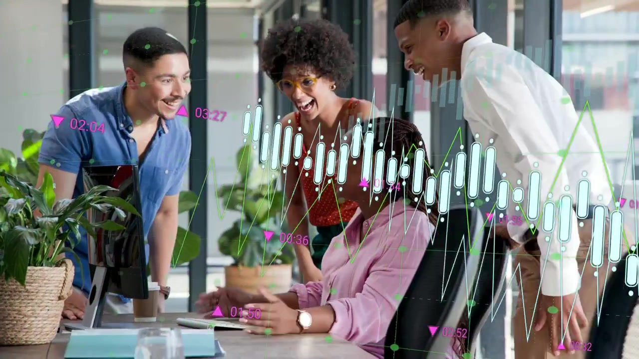 Team pointing and entering, seated woman viewing monitor, overlaying finance charts driving cheer
