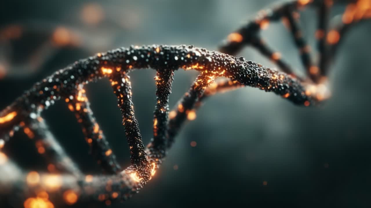 An Intricate Close-Up of a DNA Helix Highlighting the Complex Structure and Radiant Details of Genetic Material in a Stunning, Dark Background