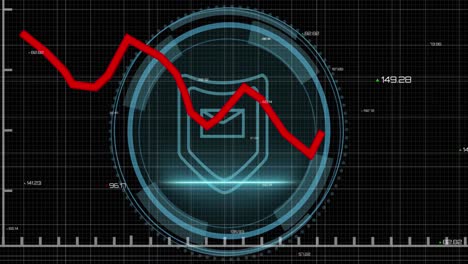 Animación-De-Línea-Roja,-Candado-Y-Procesamiento-De-Datos-Sobre-Fondo-Negro