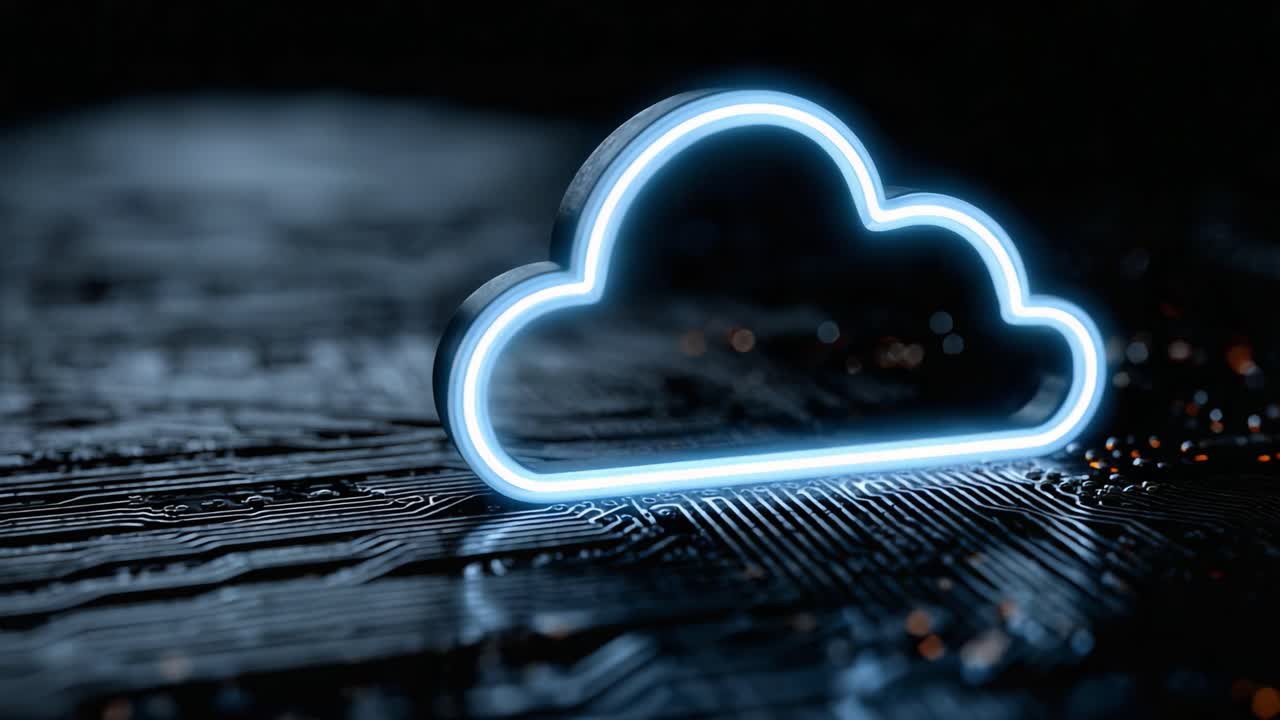 Icona cloud illuminata su sfondo di circuito elettronico che rappresenta la connettività digitale e i progressi tecnologici nelle soluzioni di cloud computing