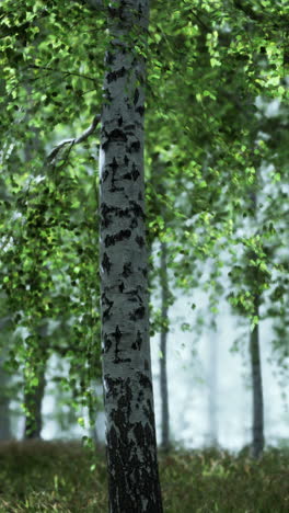 árboles de abedul en un bosque de niebla