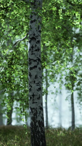 birch trees in a foggy forest