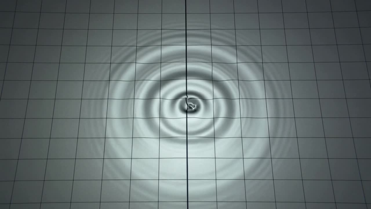 Vertical video: Descending rod creating concentric ripples on gridded plane, for measurement