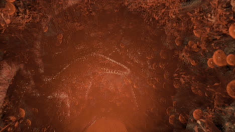 exploration of an underground cavern filled with glowing reddish formations