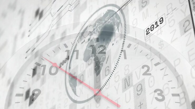 Rotating second hand updating year labels, rotating globe, scrolling matrix illustrating trends