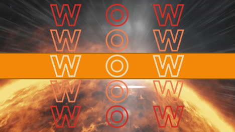 animation of wow text in repetition on orange banner with glowing globe in background