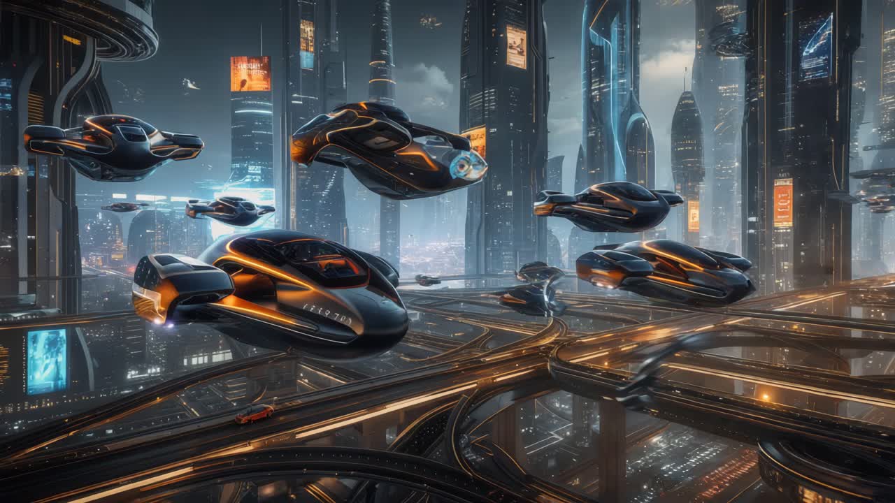 Paesaggio urbano futuristico con auto volanti