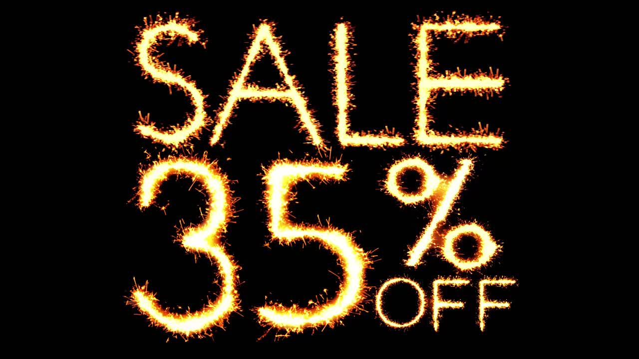 Sale 35 off text sparkler writing with glitter sparks particles firework on black 4k loop background