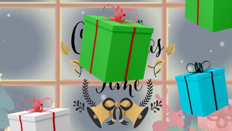 animation of christmas time text over presents falling and window