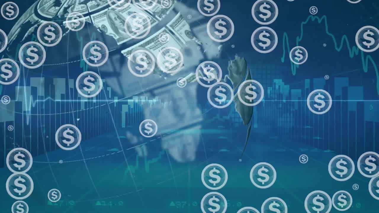 animazione del simbolo del dollaro in cerchi con banconote in dollari sul globo contro grafici su sfondo blu