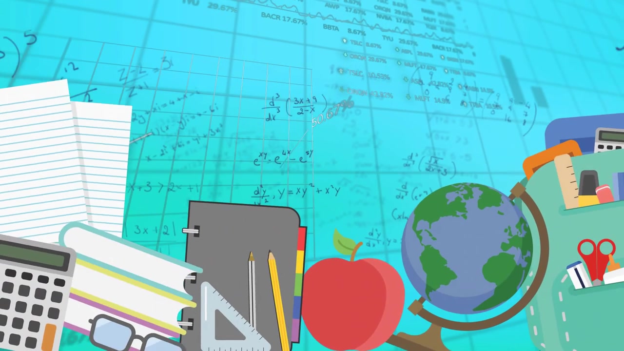 Kisi cerah memulai pergeseran paralaks sementara ikon sekolah tetap tertambat untuk visualisasi matematika