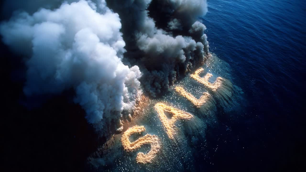 A Stunning Aerial View of a Fiery Sale Display, Featuring Billowing Smoke and Glimmering Water, Capturing an Impressive Contrast of Elements in an Engaging Visual Experience