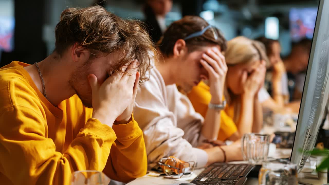 A group of young adults expressing frustration and stress during a challenging work session, highlighting the emotional toll of collaborative efforts in a modern digital environment