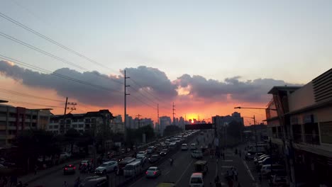 the rush hour traffic jam in the philippines, wherein many vehicles are in the road just to reach their homes. taken during sunset