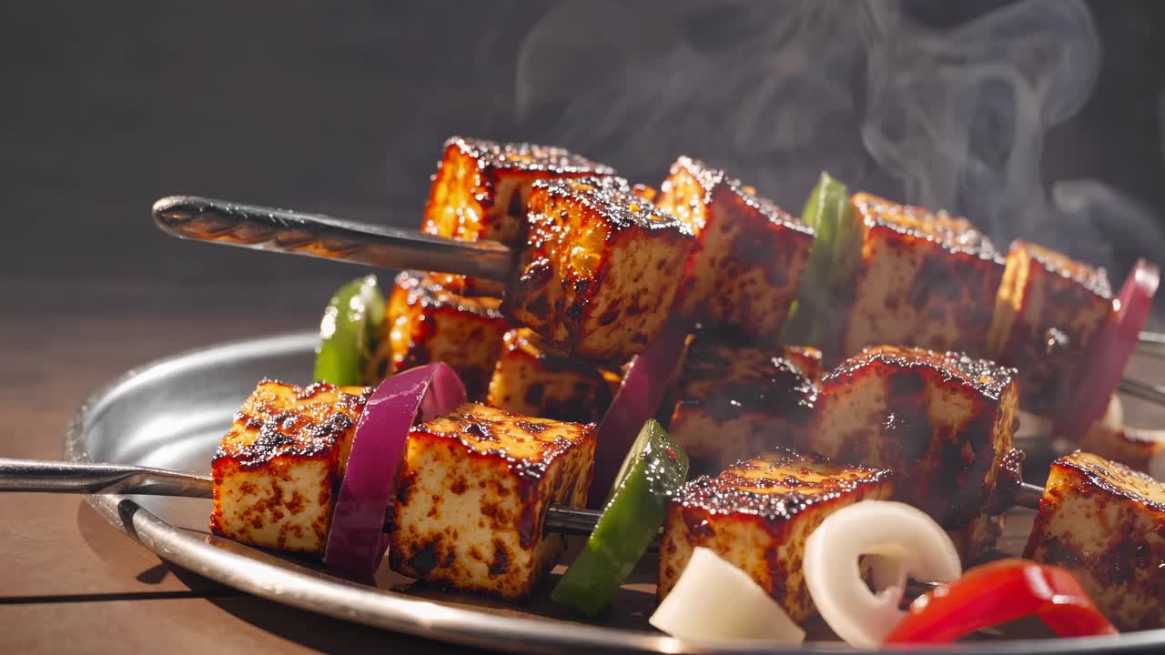 Close-up video shot of sizzling paneer skewers on a grill, capturing the smoky texture and vibrant