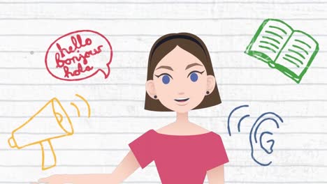 animation of woman talking over school icons