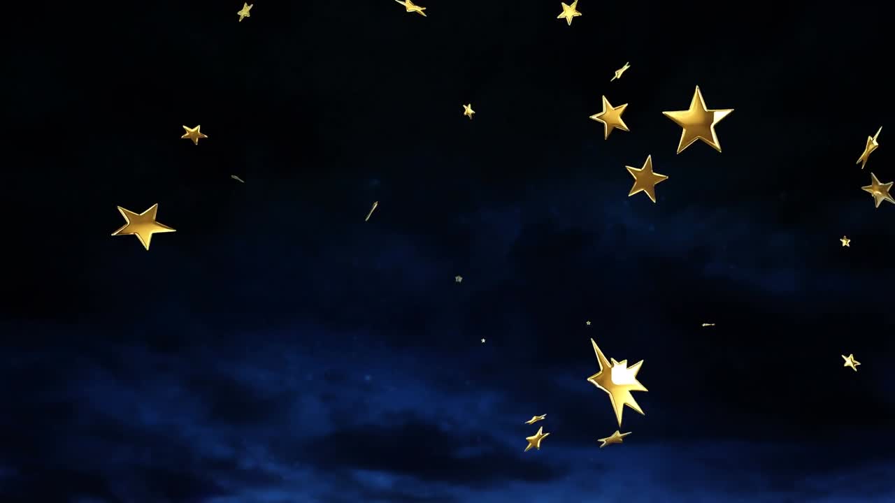 Animation schwebender Sterne und Feuerwerk über Wolken.