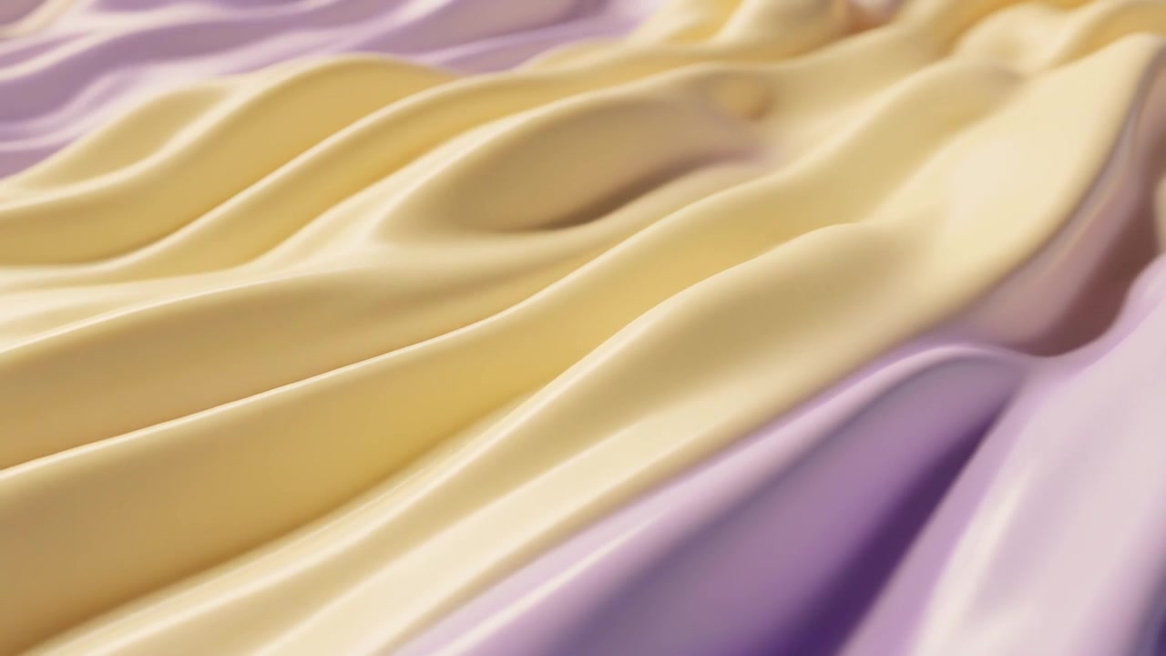 Abstrakti 3D-animaatio virtaavista keltaisista ja violeteista kangasaalloista