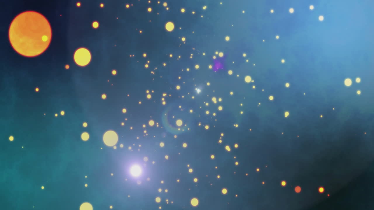Floating glowing particles in blue and purple animation, creating abstract space