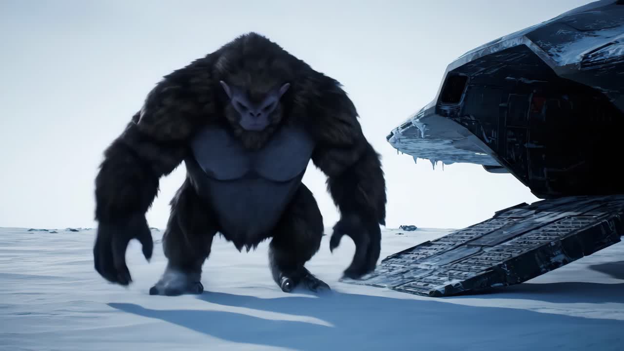 Karlı bir arazide, uzay gemisinin yanında bir Yeti