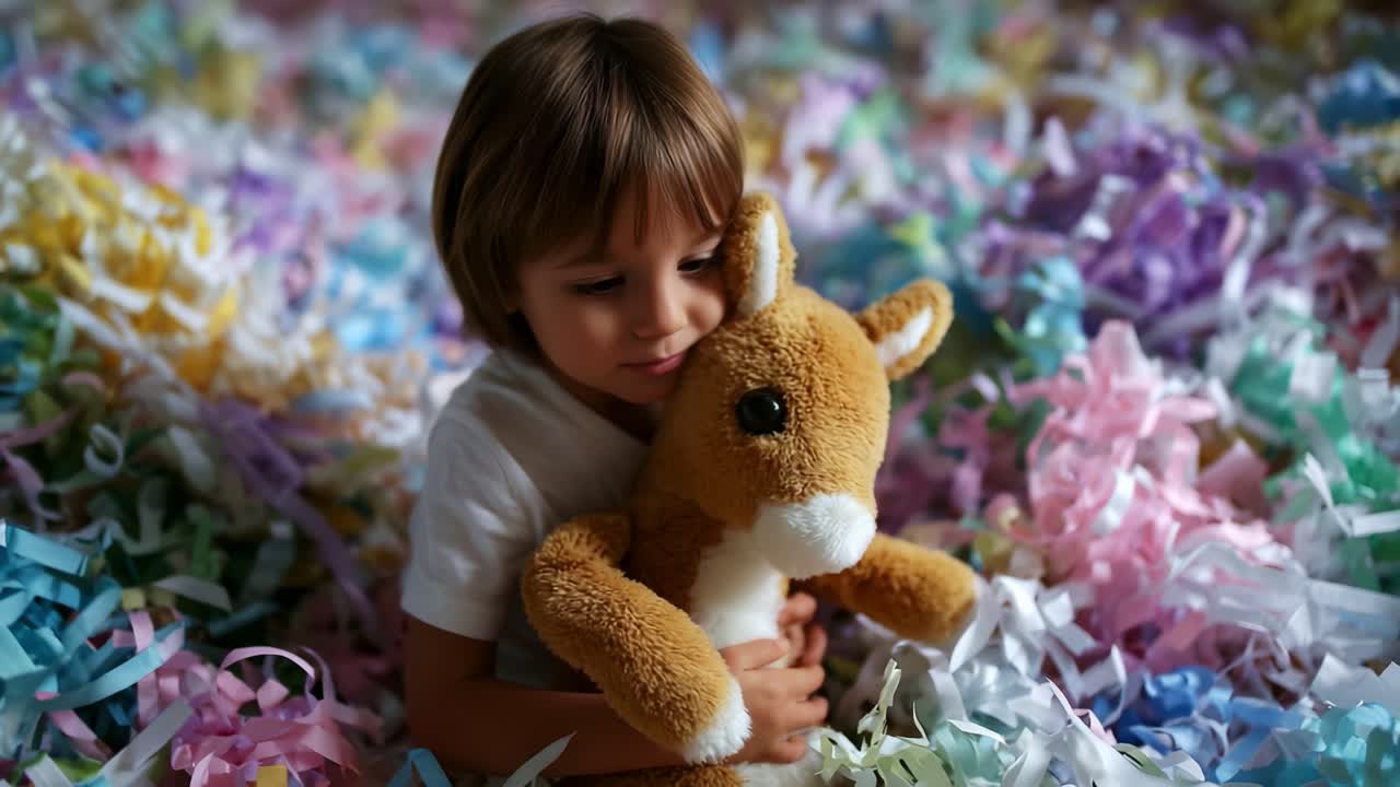 A Child's Comfort: Embracing a Plush Friend in a Sea of Colorful Shredded Paper, Capturing the Innocence and Joy of Childhood in a Playful Environment