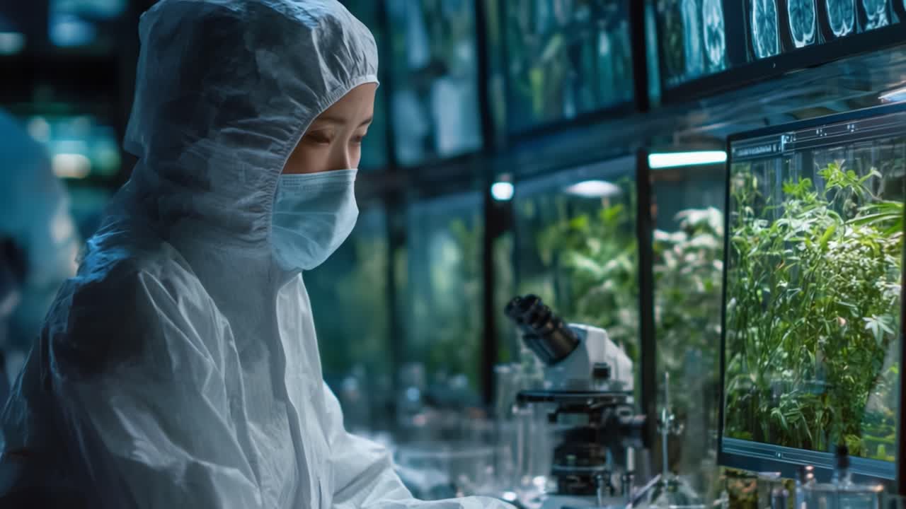 A Laboratory Researcher Analyzing Plants Through Advanced Technology in a Highly Sterilized Environment, Example of Cutting-Edge Science in Action and Tending to Natural Resources