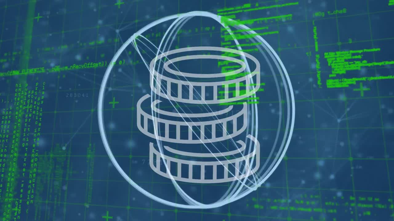 데이터 처리 및 검은색 배경에 모양에 대한 동전 아이콘의 애니메이션