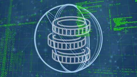 animación del icono de las monedas sobre el procesamiento de datos y formas sobre fondo negro