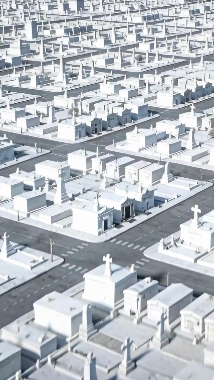 Vertical video: Revealing drone gliding diagonally over cemetery, showing white tomb grid and cars