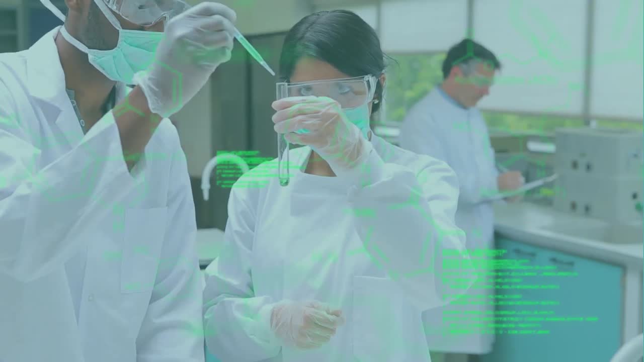 다양한 남녀 실험실 직원들에 대한 화학 공식의 애니메이션