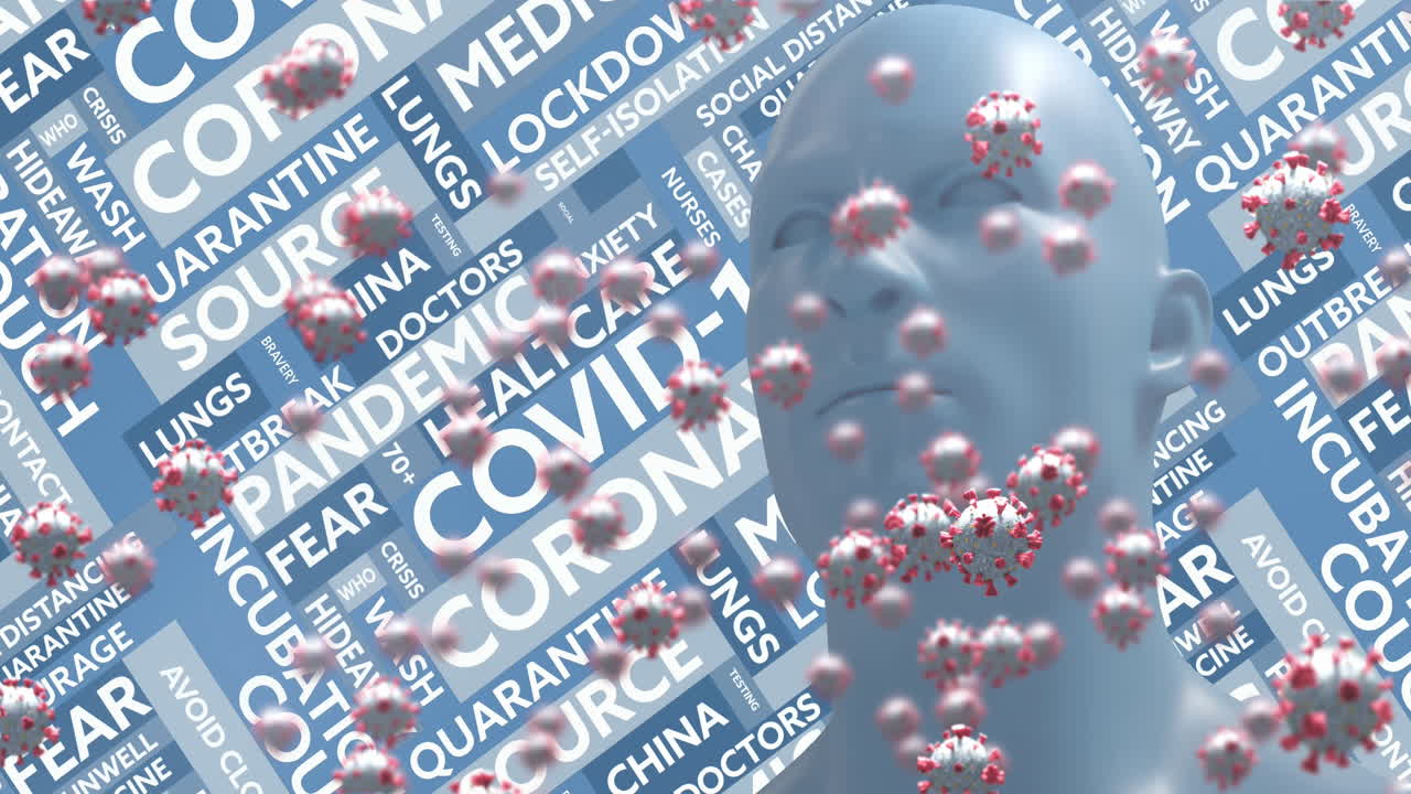 코로나19 세포와 인간 머리 모델과 코로나-19 개념 텍스트