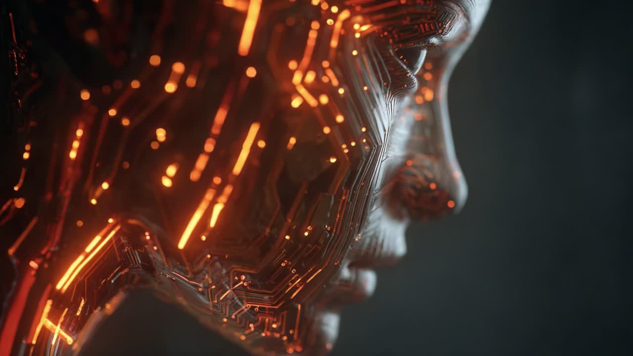 A Stunning Close-Up of a Futuristic Cyborg Face Embellished with Glowing Circuit Patterns, Showcasing the Intricate Fusion of Technology and Humanity in a Breathtaking Visual Experience