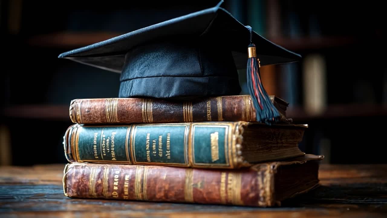 Tocco di laurea su una pila di vecchi libri