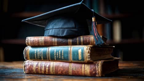 graduation cap on a stack of old books