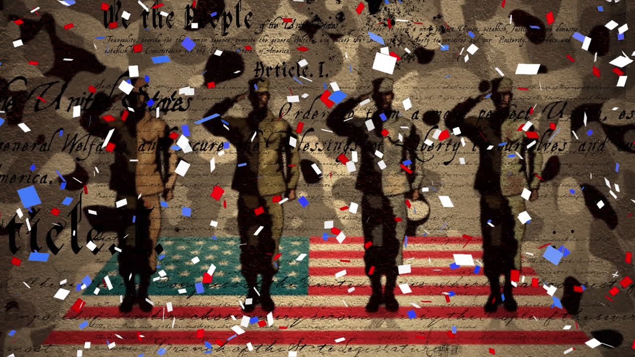 콘페티가 미국  ⁇ 발에 맞서 4명의 군인을  ⁇ 고 떨어집니다.