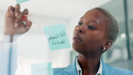 Mindmap,-sticky-notes-and-black-woman-writing
