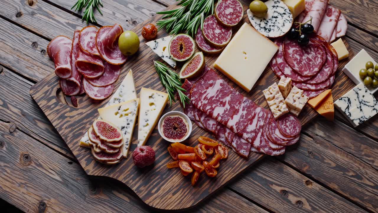 Top-down view of a rustic charcuterie board with meats, cheeses, and fruits on a wooden table