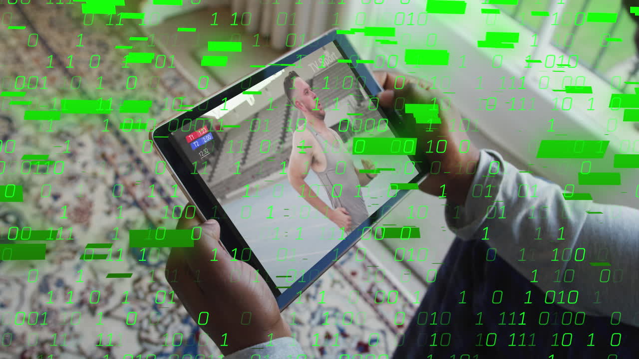 Animation of lines, binary codes over cropped hands of biracial man watching video on digital tablet