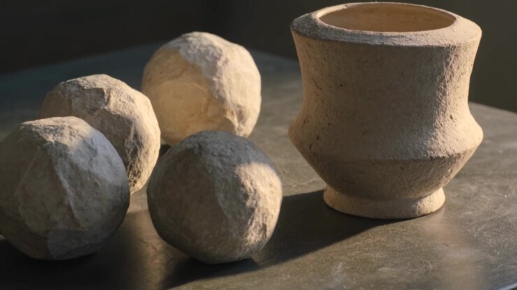 Shifting camera rightward closer at studio table, centering three rough clay balls and pottery rim