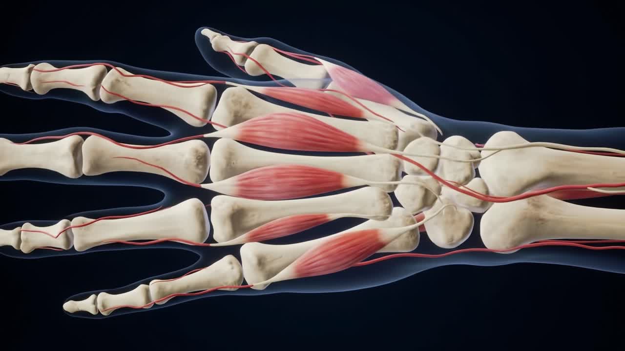 Detailed Anatomical Visualization of the Human Hand Showing Bone Structure, Muscles, and Blood Vessels in Two Distinct Frames for Educational Purposes