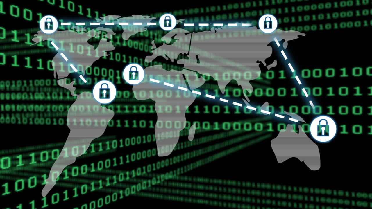 バイナリーコードのアニメーション,オンラインセキュリティパンドロックの接続ネットワークが暗い背景の上に