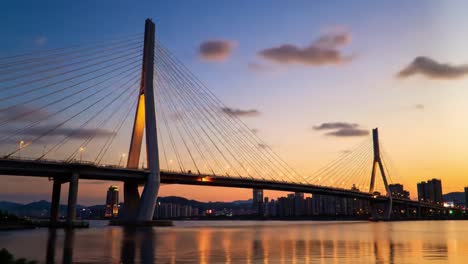 cable-stayed bridge at sunset over a river