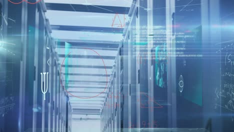 animación de procesamiento de datos y cálculos matemáticos a través de la sala de servidores de computadoras