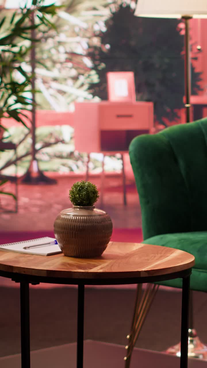 Stilig interiørdekor med lite sidebord i tre og grønn plante