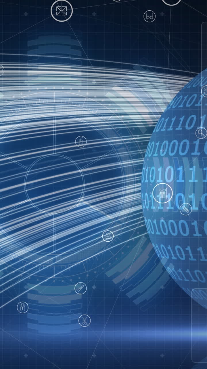 Animation of network of connections, icons and binary coding over globe